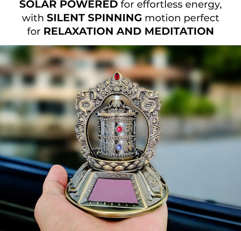 KH866 Premium Tibetan Prayer Wheel – Silent Spinning Om Mani Padme Hum Solar Powered Car, Table Top Buddhist Ornaments for Meditation, Yoga, Relaxation, Decorations – Bronze Color - Image 4